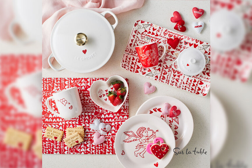 kitchenware on table top with valentine's day designs